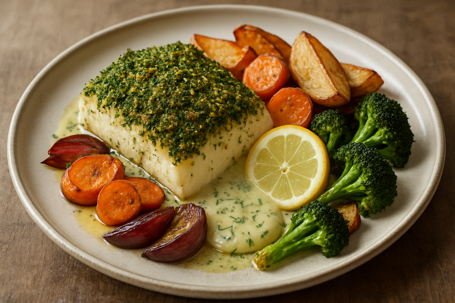 Baked Cod with Herb Crust and Lemon Dill Sauce