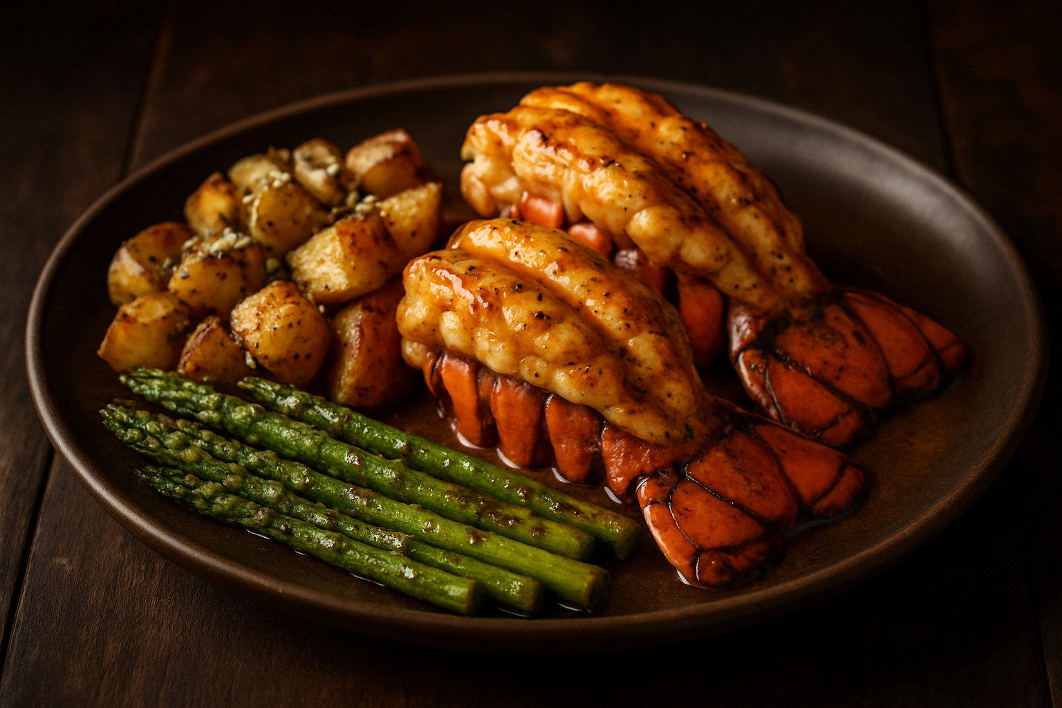Bourbon-Butter Lobster Tails with Roasted Garlic Parmesan Potatoes and Grilled Asparagus