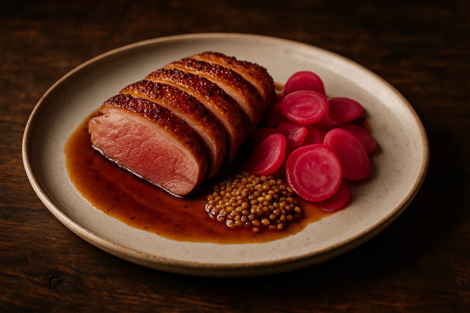 Bourbon-Cured Duck Breast with Pickled Radishes and Mustard Seeds