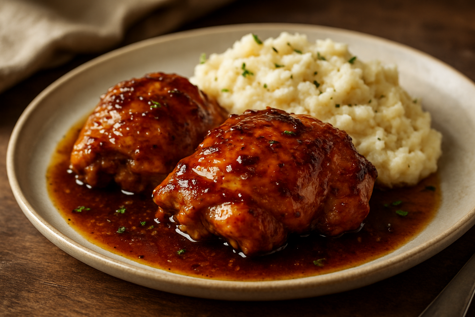 Bourbon-Glazed Chicken Thighs with Roasted Garlic Mashed Potatoes