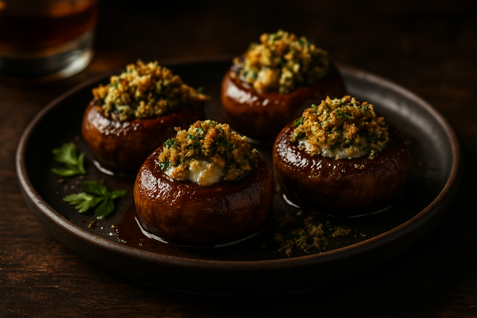 Bourbon-Glazed Gorgonzola-Stuffed Mushrooms with Herbed Bread Crumbs
