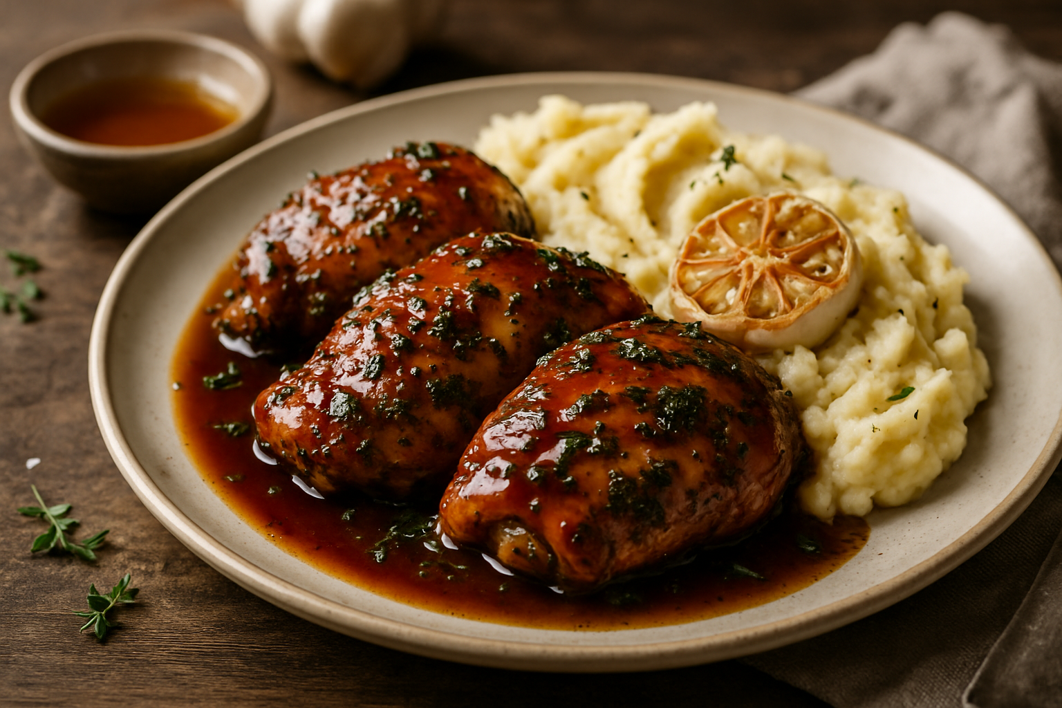 Bourbon-Glazed Herb Chicken with Roasted Garlic Mashed Potatoes