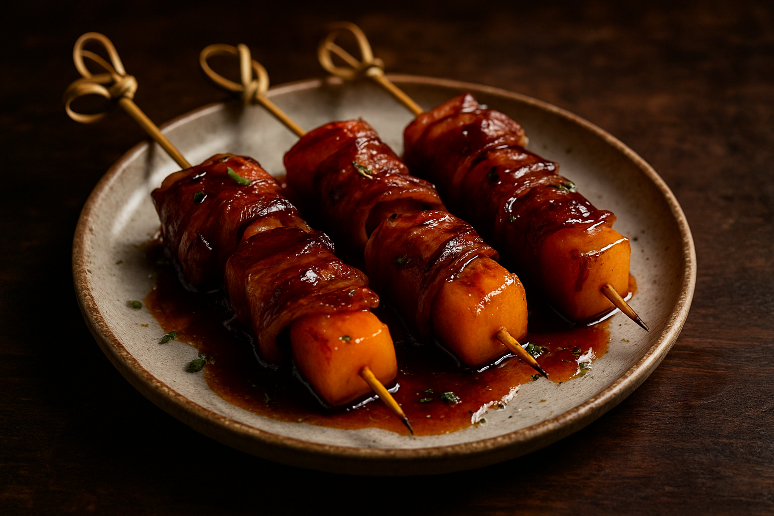 Bourbon-Glazed Prosciutto-Wrapped Melon Skewers