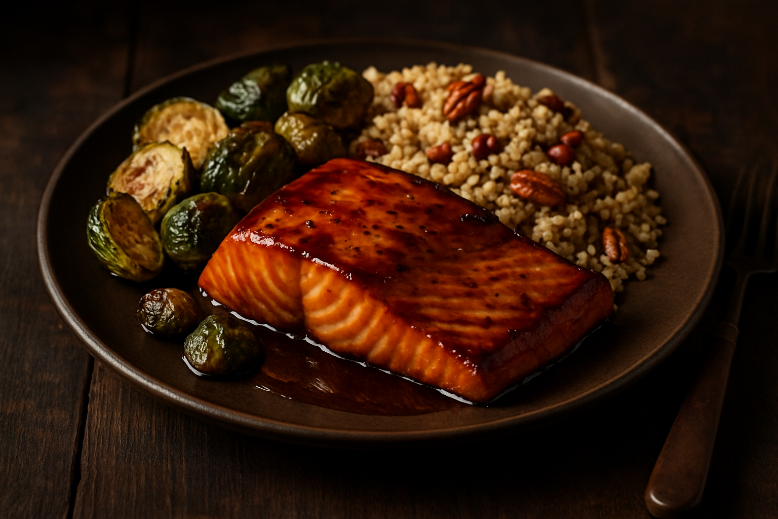 Bourbon-Glazed Salmon with Bourbon-Maple Glazed Brussel Sprouts and Pecan Quinoa
