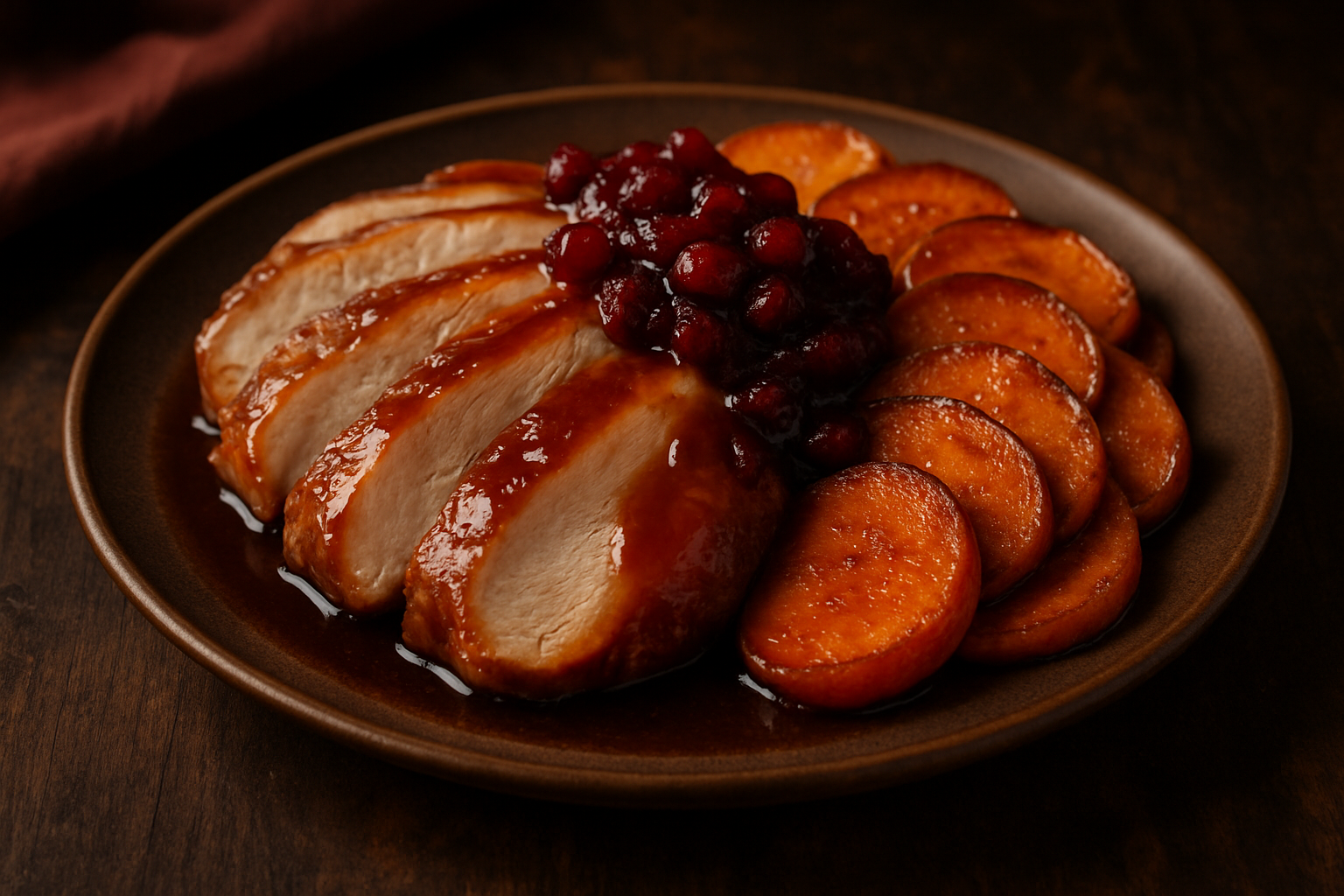 Bourbon-Glazed Turkey Breast with Cranberry-Bourbon Compote and Maple-Glazed Sweet Potatoes