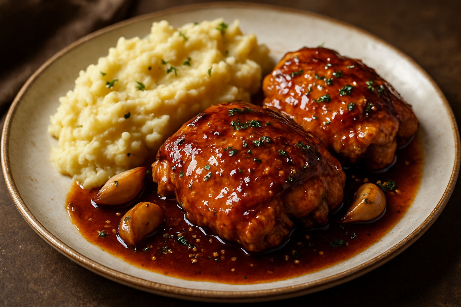 Bourbon Honey Garlic Chicken Thighs with Roasted Garlic Mashed Potatoes