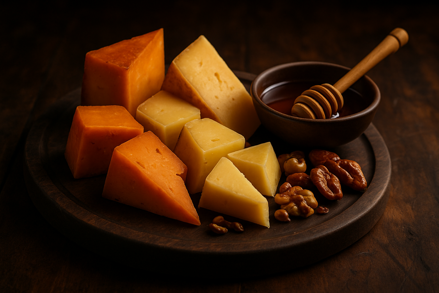 Bourbon-Infused Cheddar and Gouda Cheese Board with Honey and Nuts