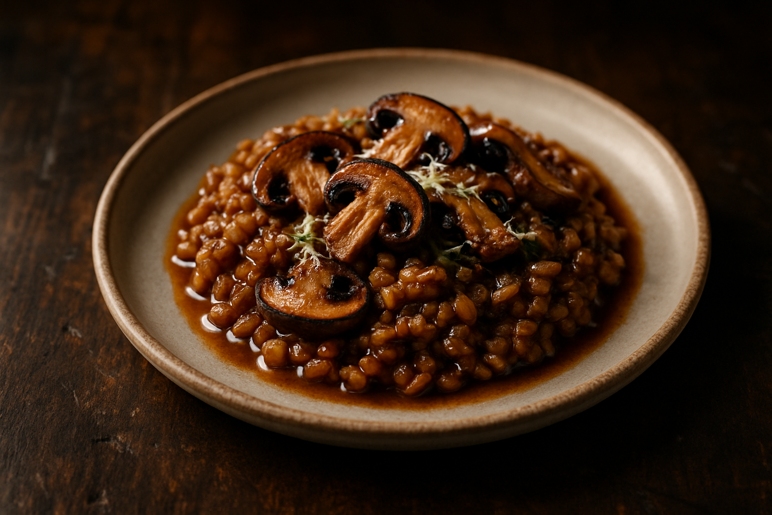 Bourbon-Infused Farro Risotto with Mushrooms and Parmesan