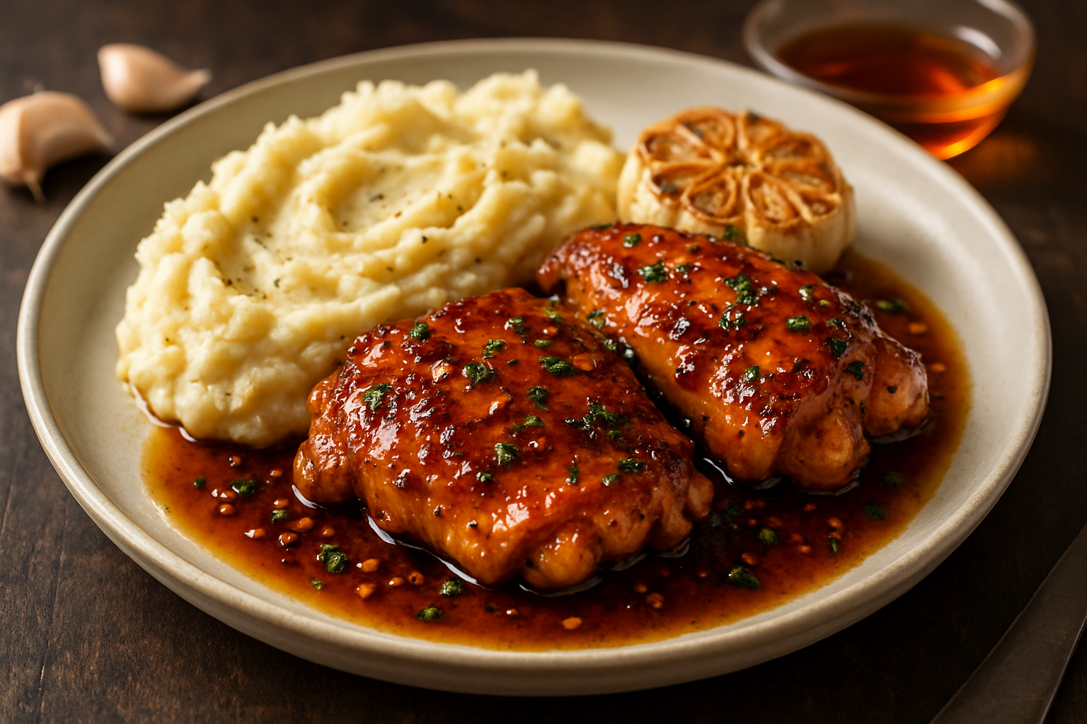 Bourbon-Infused Honey Garlic Chicken Thighs with Roasted Garlic Mashed Potatoes