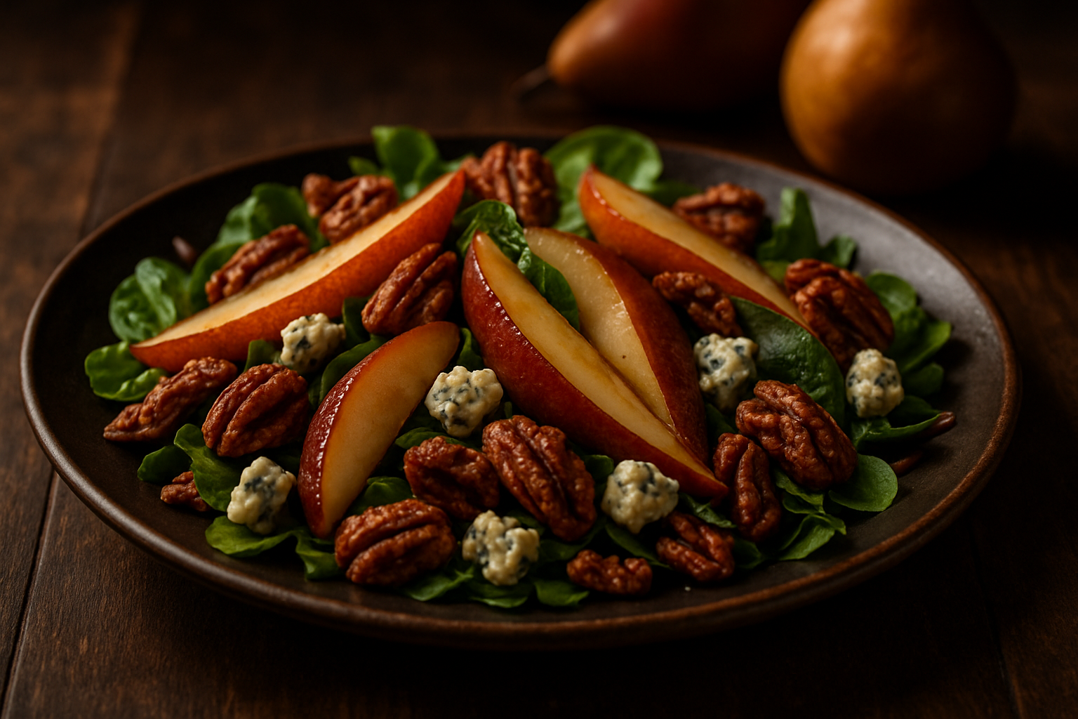 Bourbon-Infused Roquefort and Pear Salad with Candied Pecans