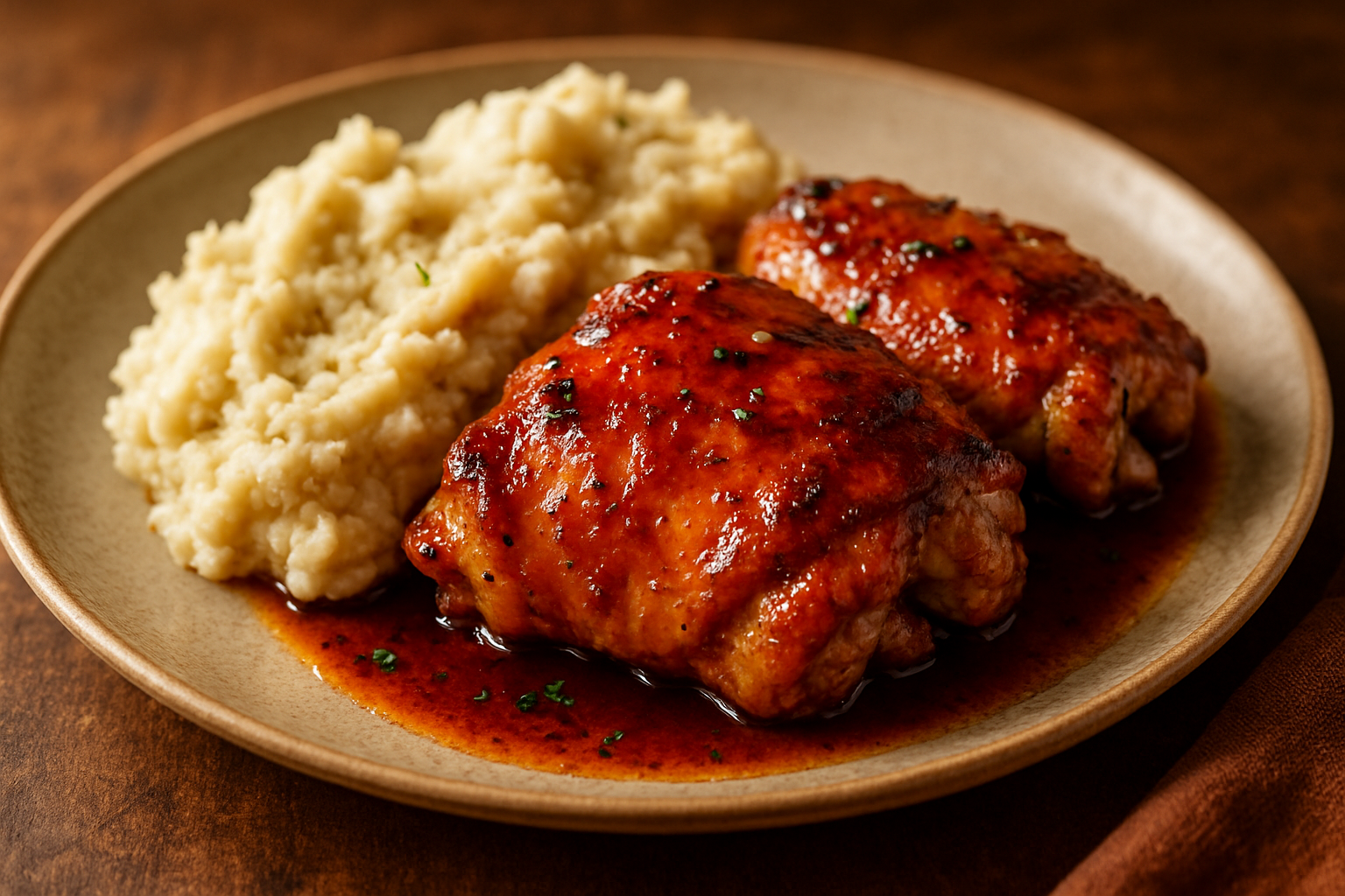 Bourbon-Maple Glazed Chicken Thighs with Roasted Garlic Mashed Potatoes