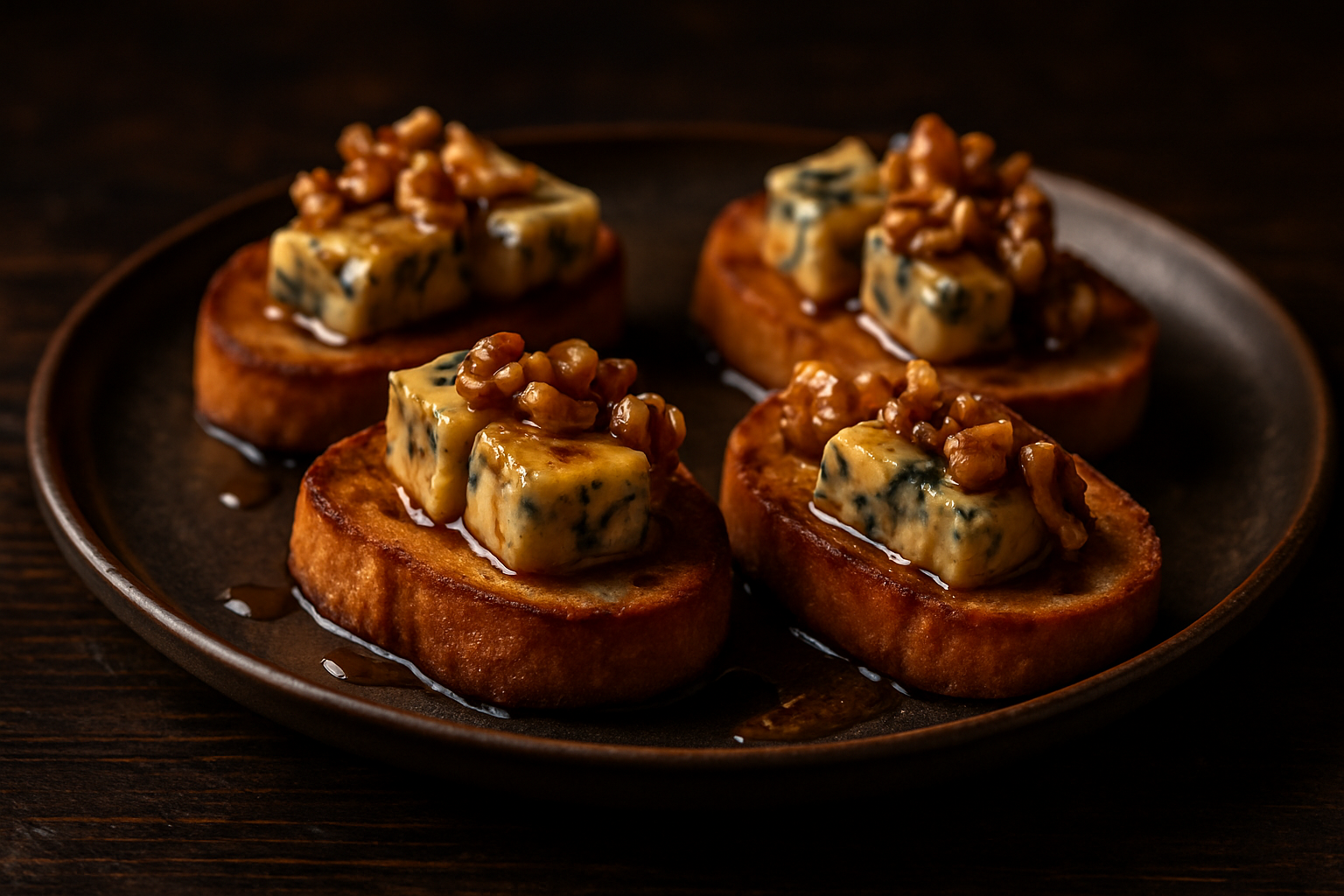 Bourbon-Marinated Blue Cheese Crostini with Honey and Walnuts