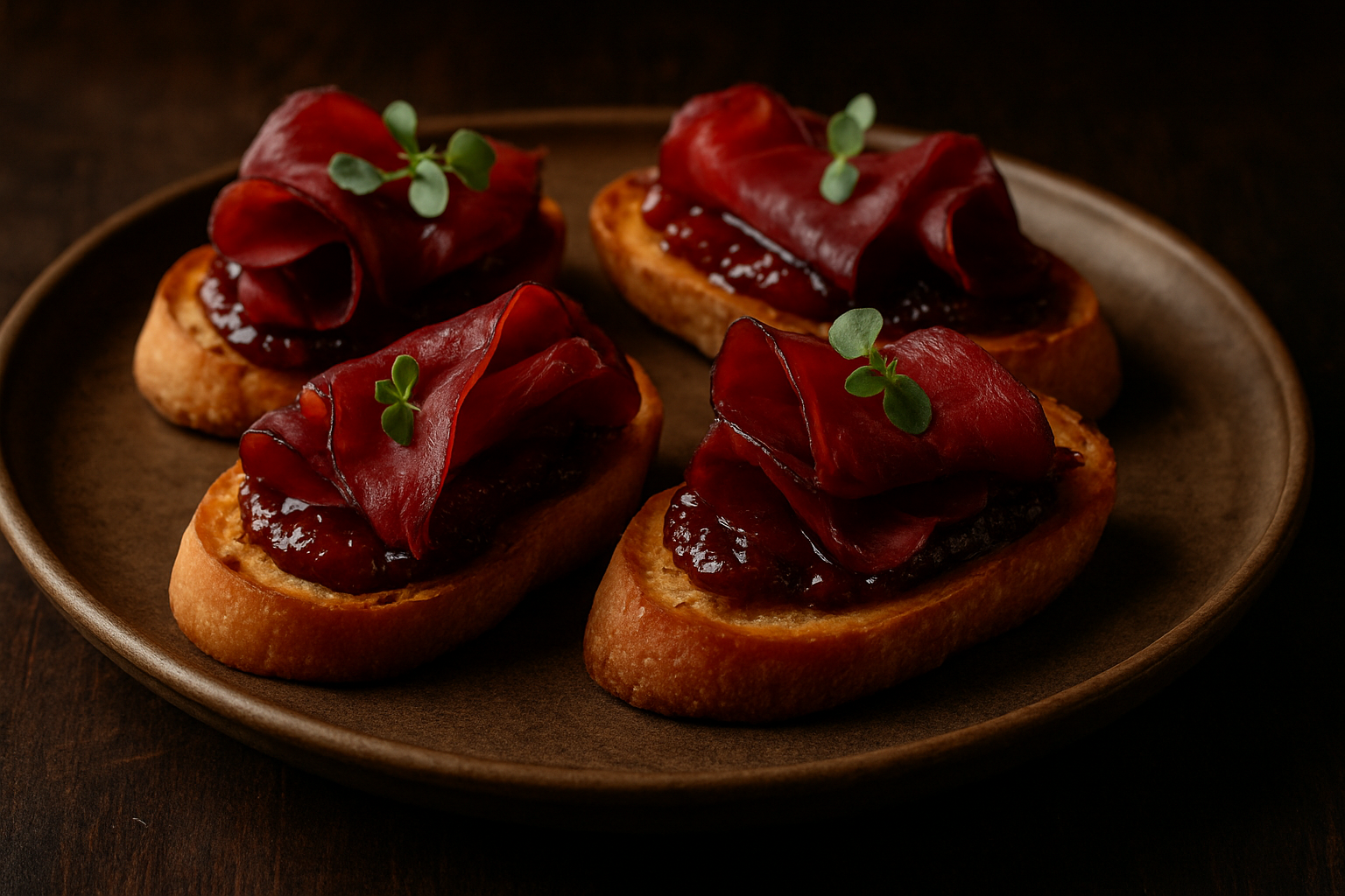 Bourbon-Marinated Bresaola Crostini with Fig Jam