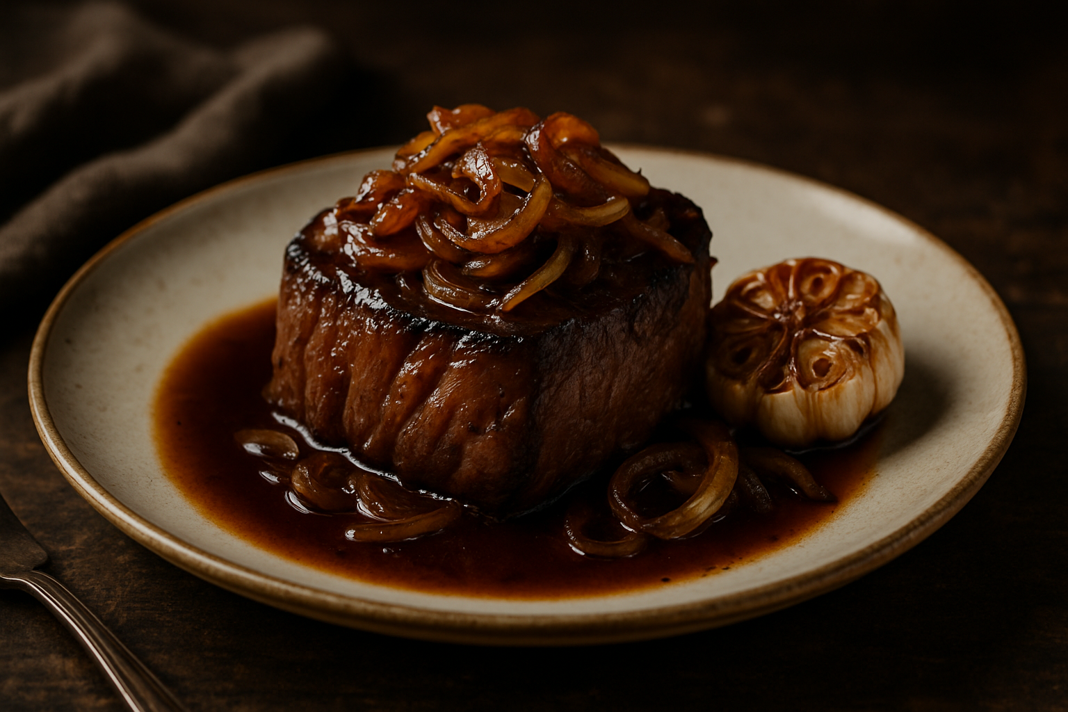 Bourbon-Marinated Filet Mignon with Caramelized Onions and Roasted Garlic