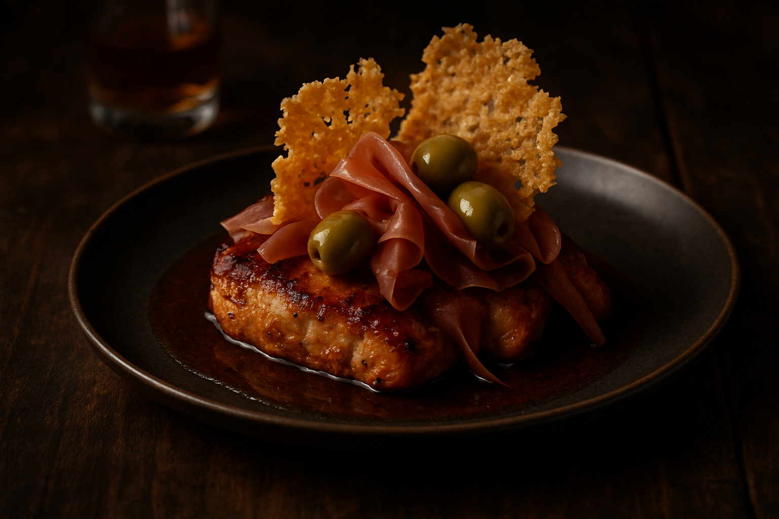 Bourbon-Marinated Parmesan Crisps with Prosciutto and Olives