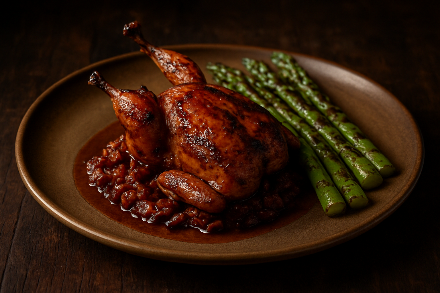 Bourbon-Marinated Quail with Bourbon-Bacon Jam and Grilled Asparagus