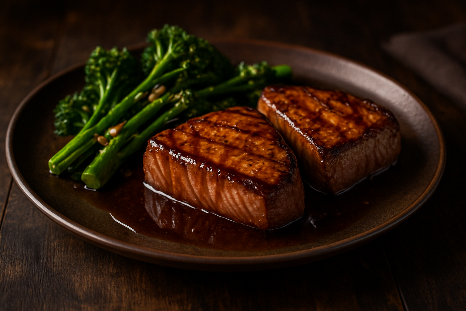 Bourbon-Marinated Tuna Steaks with Soy-Ginger Glaze and Bourbon-Garlic Broccolini