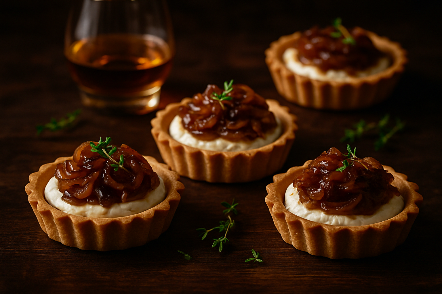 Bourbon-Paired Goat Cheese Tartlets with Caramelized Onions and Thyme