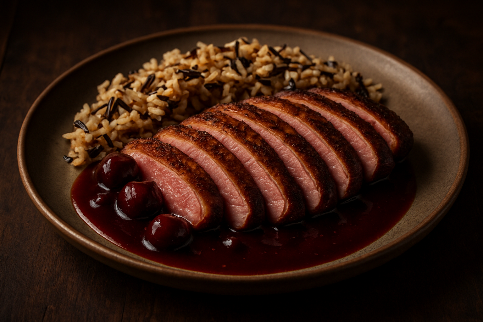 Bourbon-Smoked Duck Breast with Bourbon-Cherry Sauce and Bourbon-Infused Wild Rice