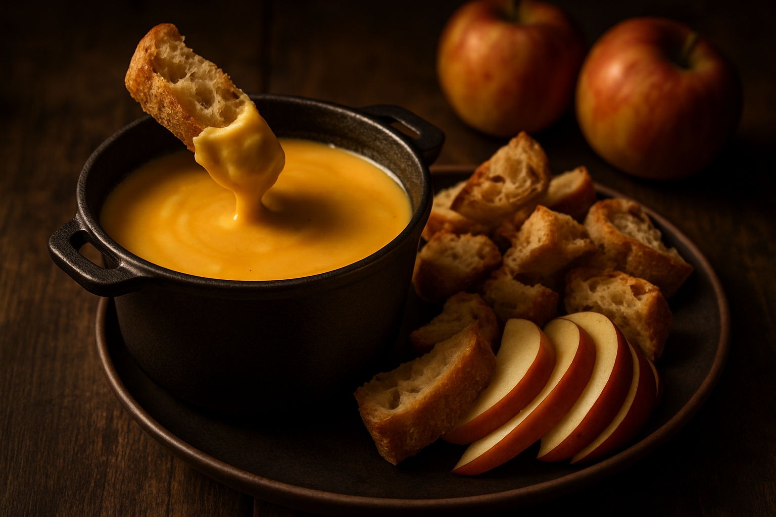 Bourbon-Soaked Cheddar Cheese Fondue with Crusty Bread and Apples