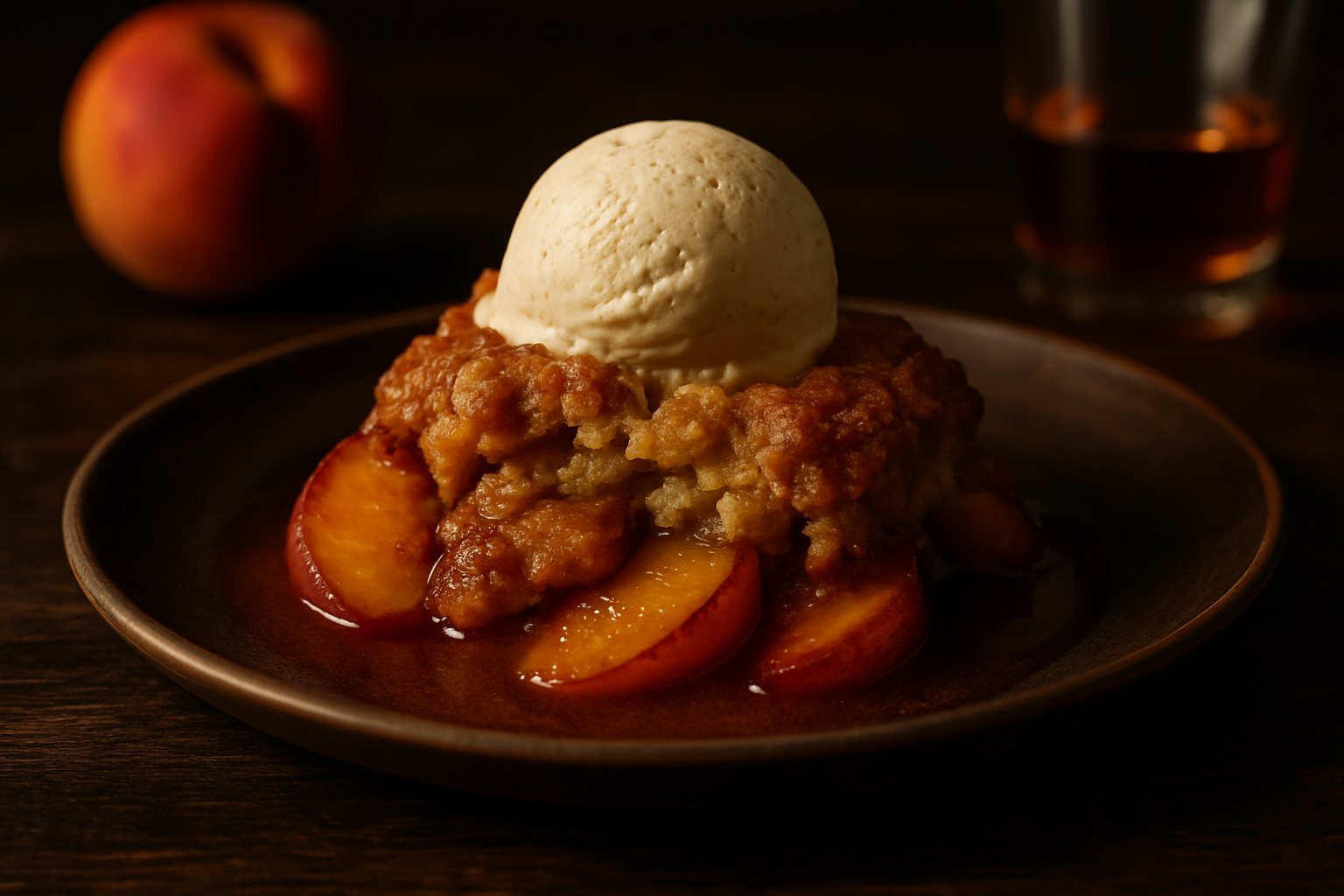 Bourbon-Soaked Peach Cobbler with Bourbon Vanilla Bean Gelato