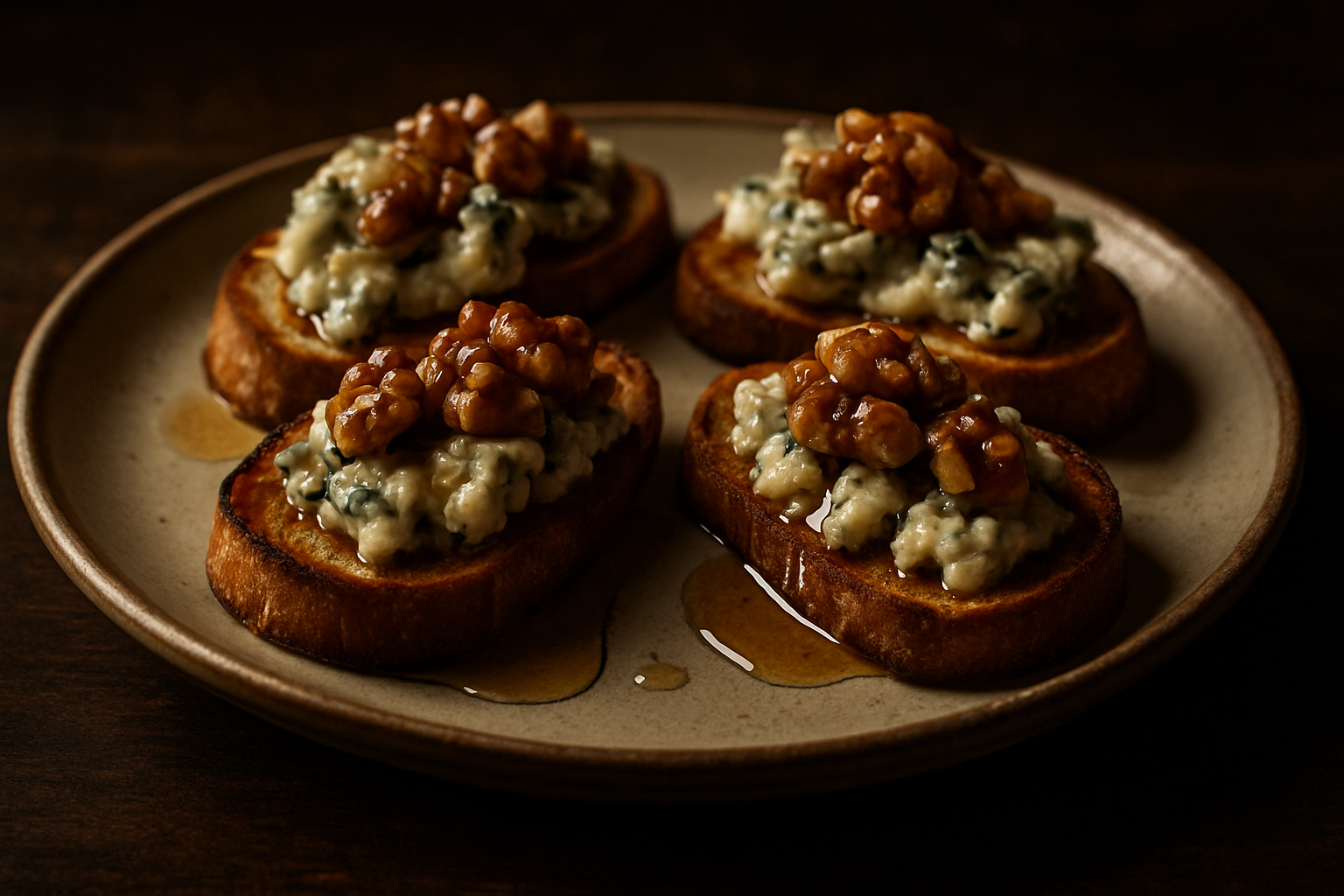 Bourbon-Soaked Stilton with Walnut and Honey Crostini