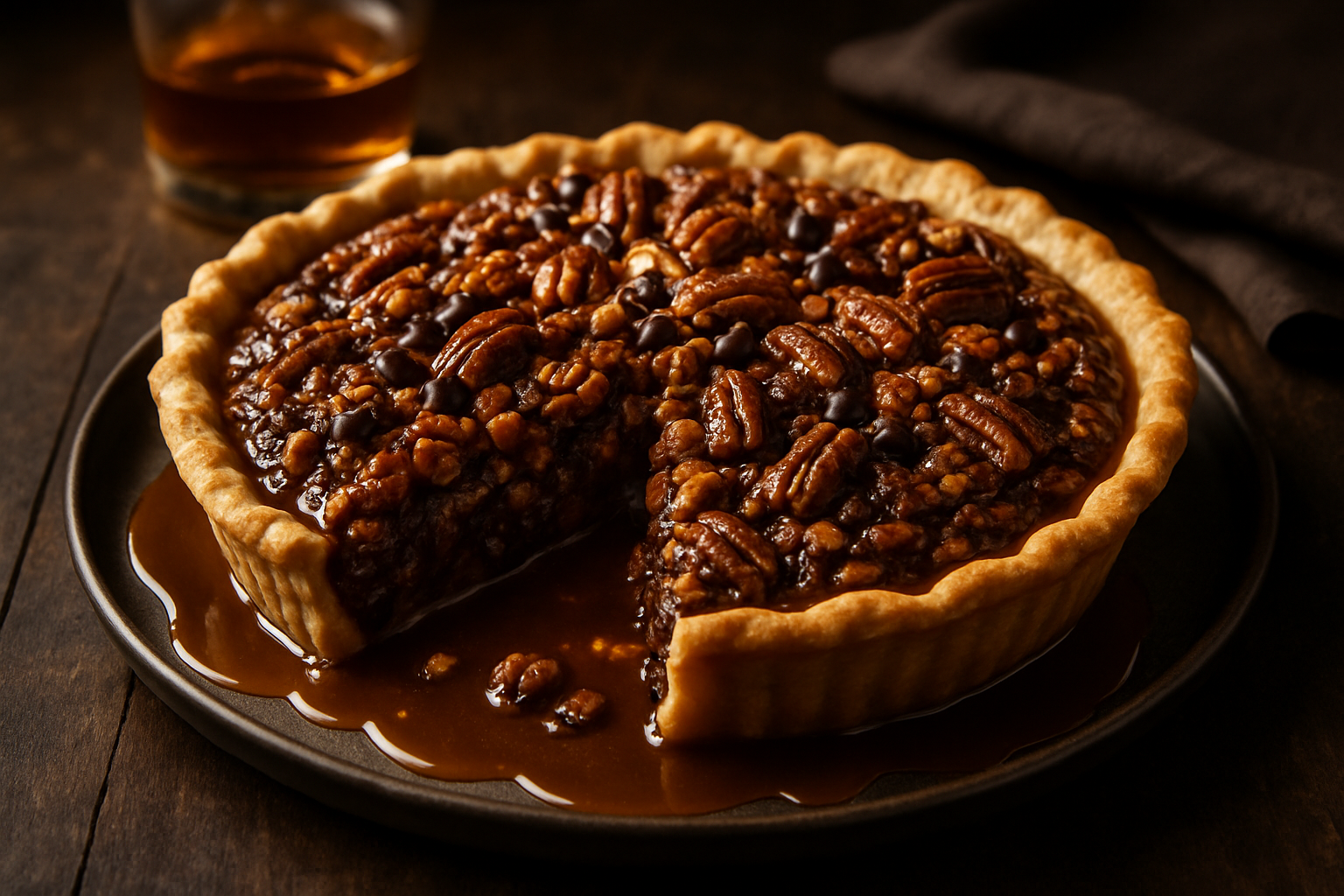 Chocolate Bourbon Pecan Pie with Whiskey Caramel Sauce