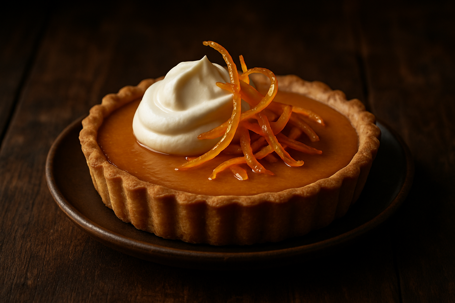 Citrus Bourbon Tart with Whipped Cream and Candied Orange Zest