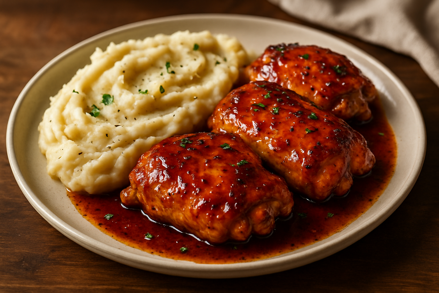 Easy Bourbon-Glazed Chicken Thighs with Garlic Mashed Potatoes