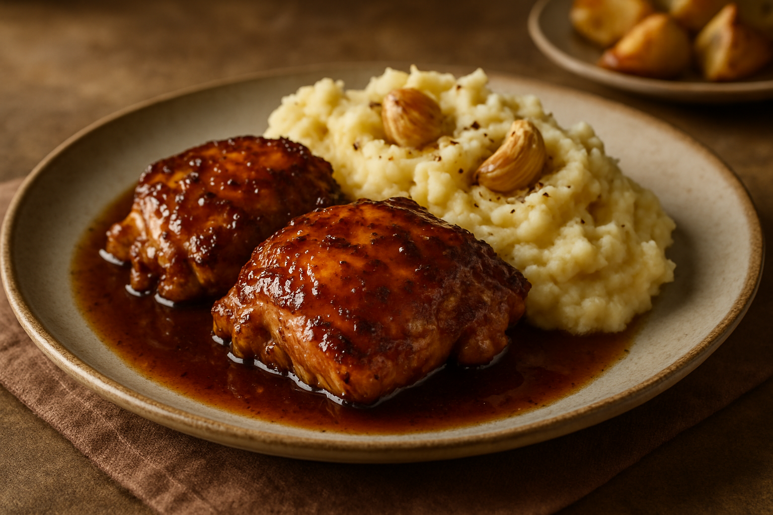 Easy Bourbon-Glazed Chicken Thighs with Roasted Garlic Mashed Potatoes
