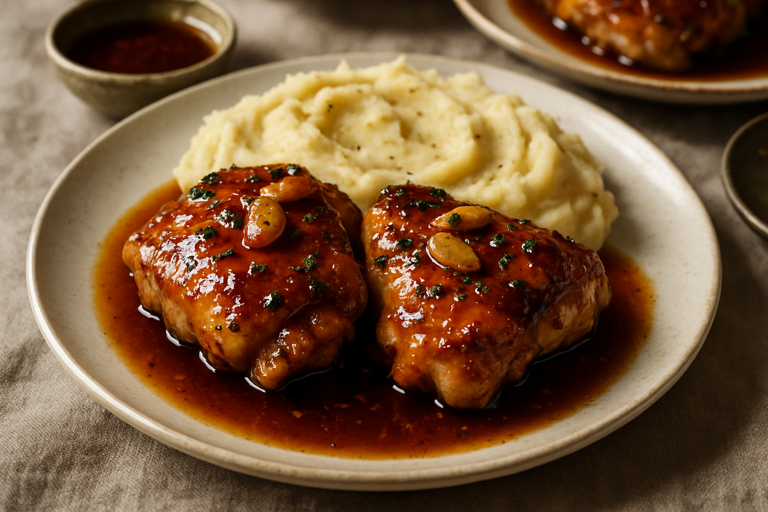 Easy Bourbon Honey Garlic Chicken Thighs with Roasted Garlic Mashed Potatoes