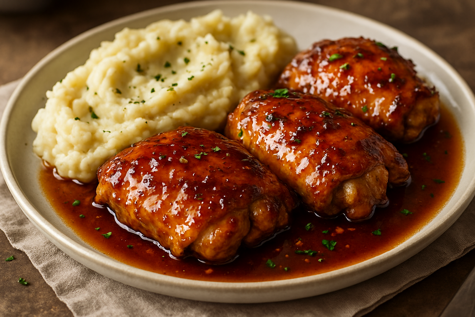 Easy Bourbon Honey Glazed Chicken Thighs with Garlic Mashed Potatoes