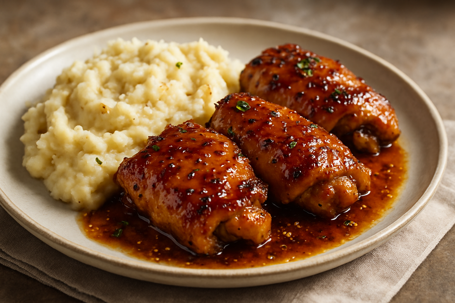 Easy Bourbon Honey Glazed Chicken Thighs with Roasted Garlic Mashed Potatoes