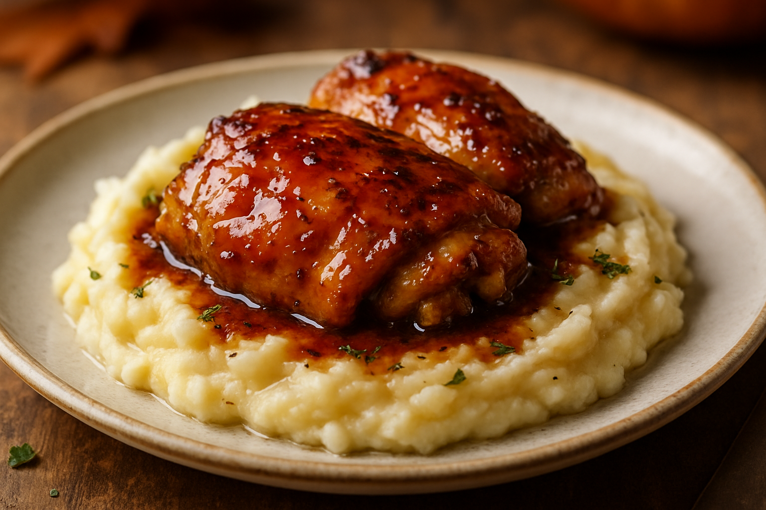 Easy Bourbon-Maple Glazed Chicken Thighs with Garlic Mashed Potatoes