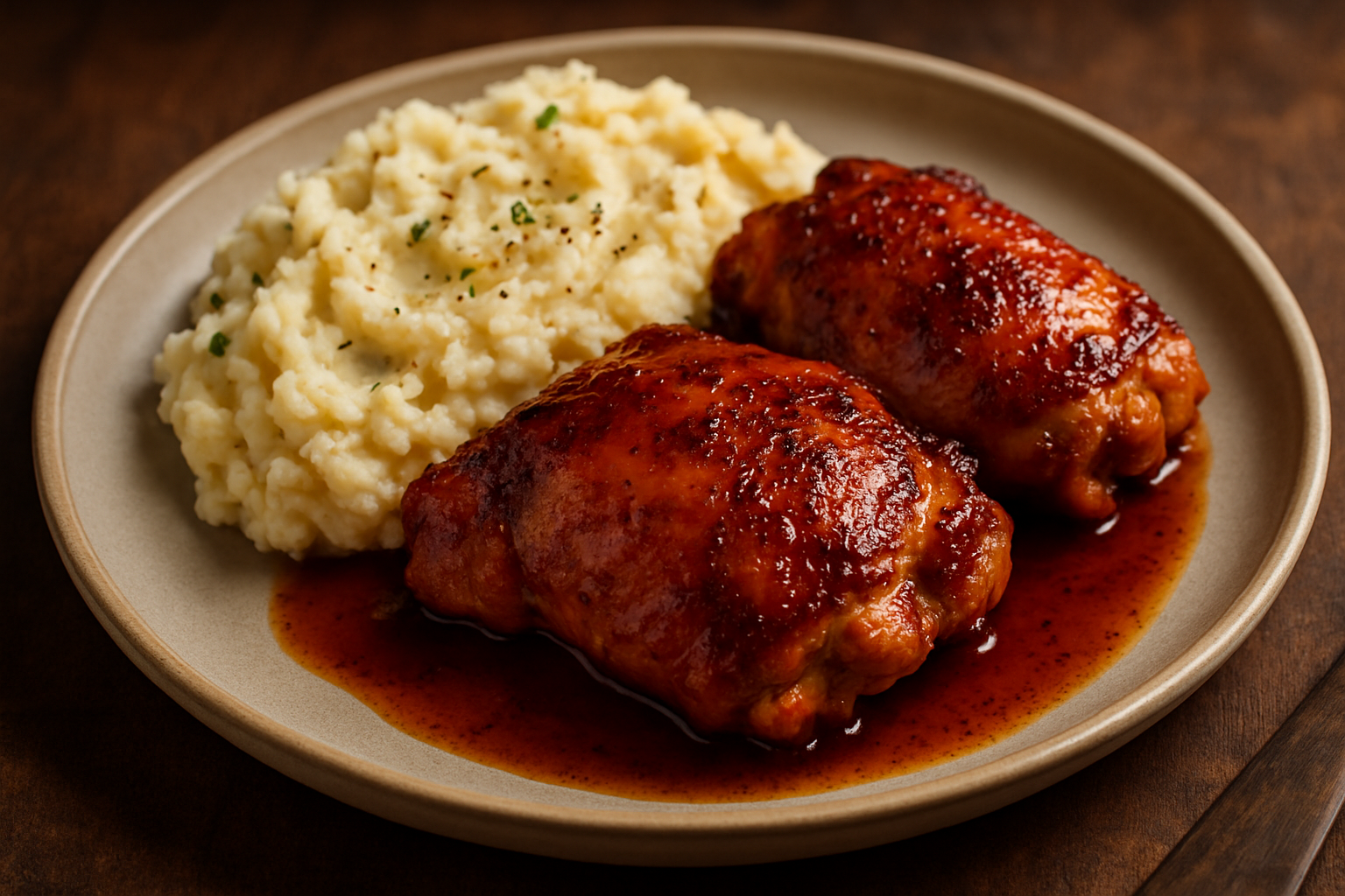 Easy Bourbon-Maple Glazed Chicken Thighs with Roasted Garlic Mashed Potatoes