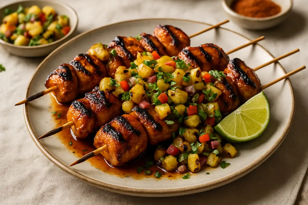 Grilled Bourbon Honey-Lime Chicken Skewers with Charred Pineapple Salsa