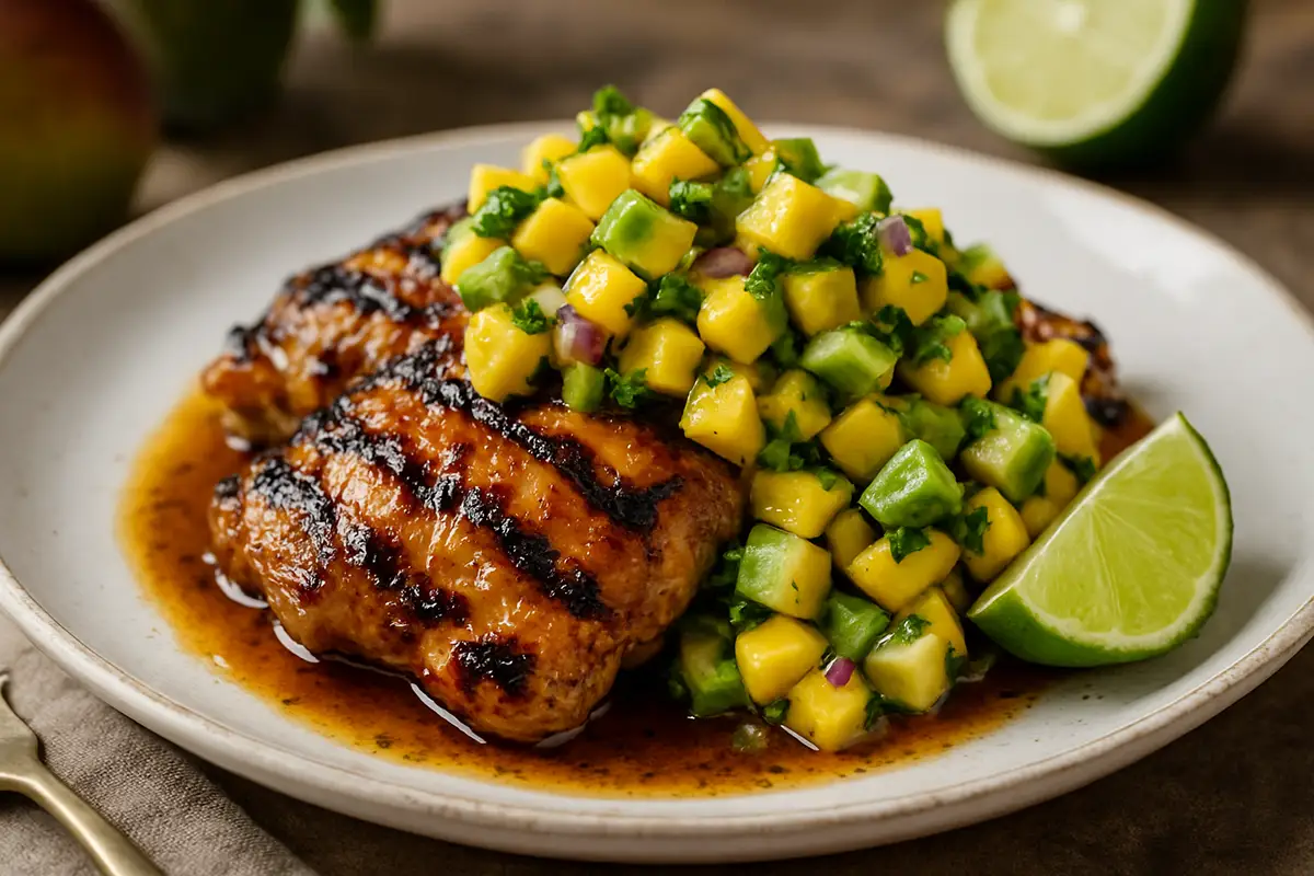 Grilled Bourbon-Lime Glazed Chicken with Mango Avocado Salsa