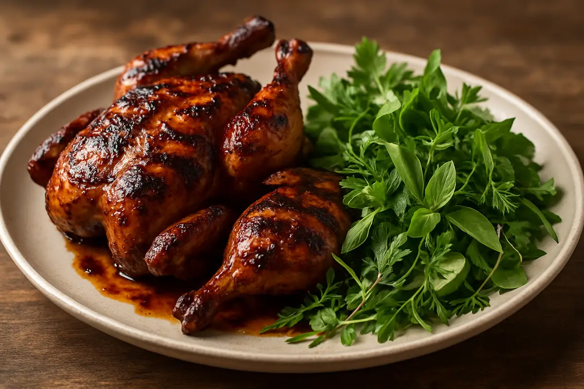 Grilled Bourbon-Maple Glazed Cornish Game Hens with Summer Herb Salad