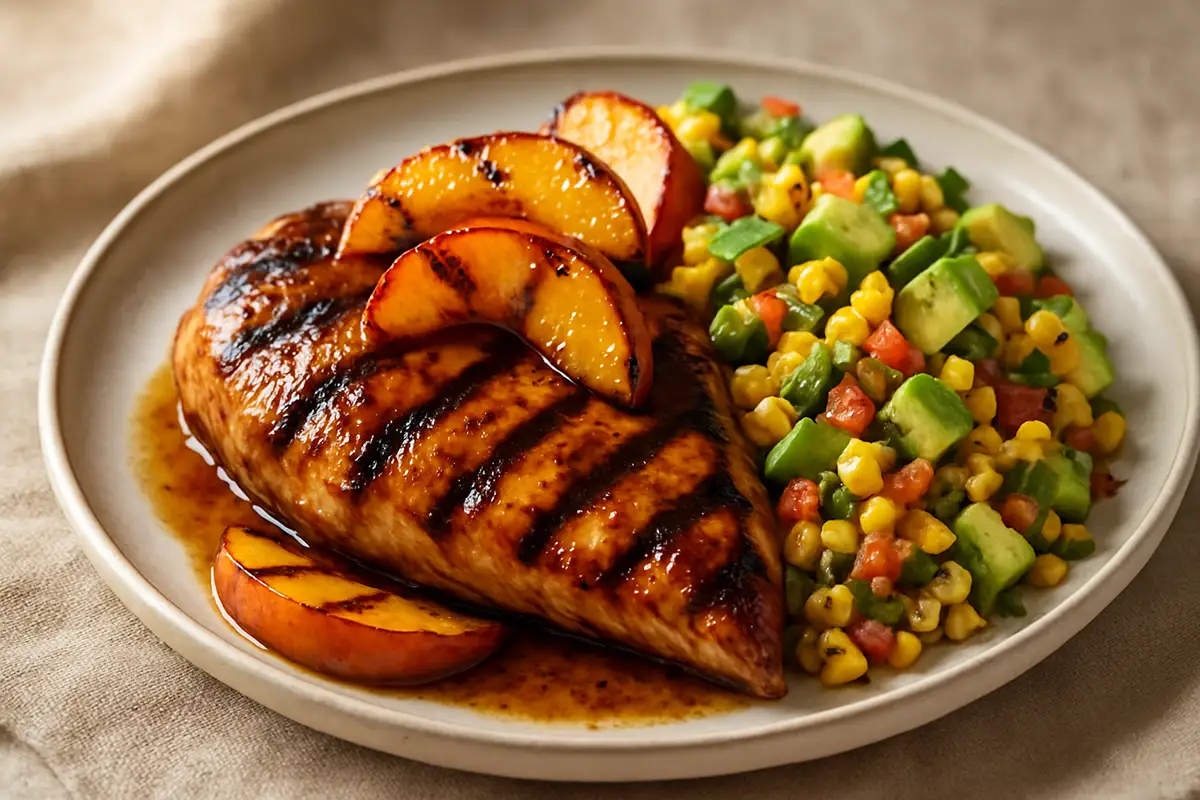 Grilled Bourbon-Peach Chicken with Charred Corn and Avocado Salsa