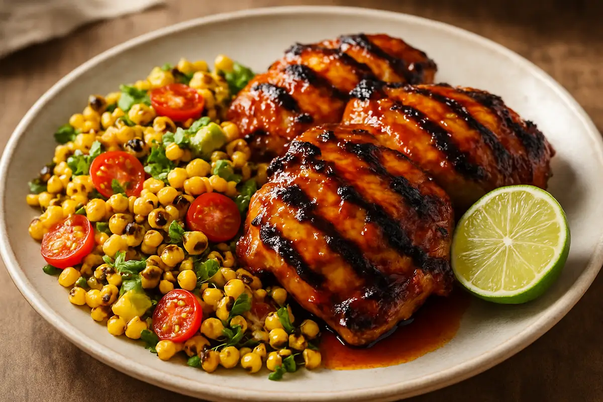 Grilled Bourbon-Peach Glazed Chicken with Charred Corn Salad