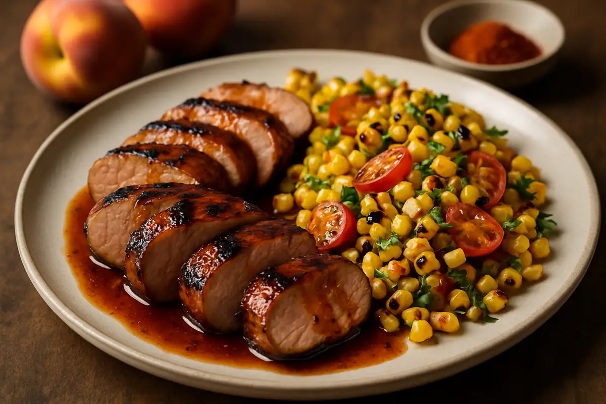 Grilled Bourbon-Peach Glazed Pork Tenderloin with Charred Corn Salad