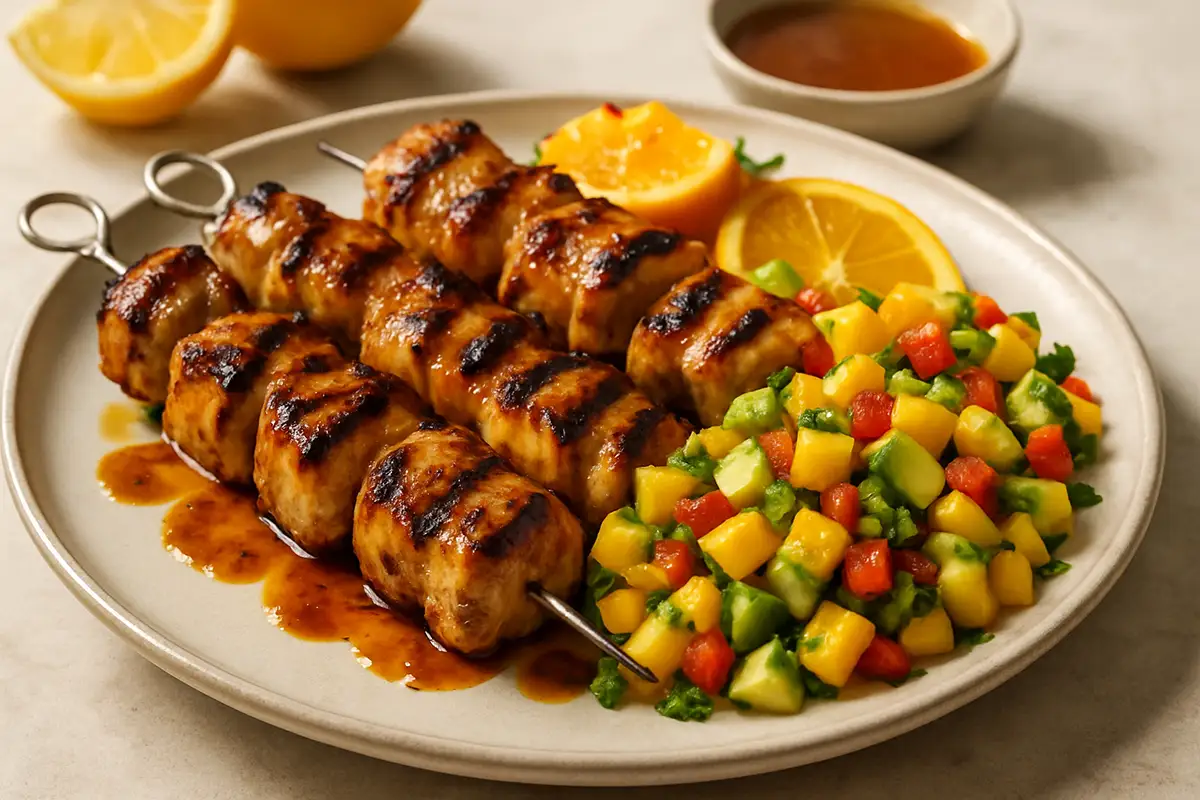 Grilled Citrus Bourbon Chicken Skewers with Mango Avocado Salsa