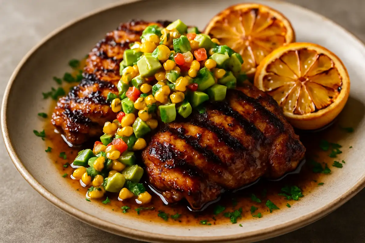 Grilled Citrus Bourbon Chicken with Charred Corn and Avocado Salsa