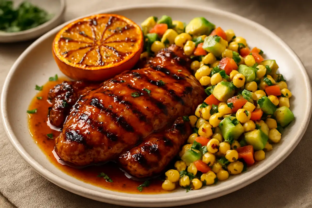 Grilled Citrus-Bourbon Glazed Chicken with Charred Corn and Avocado Salsa