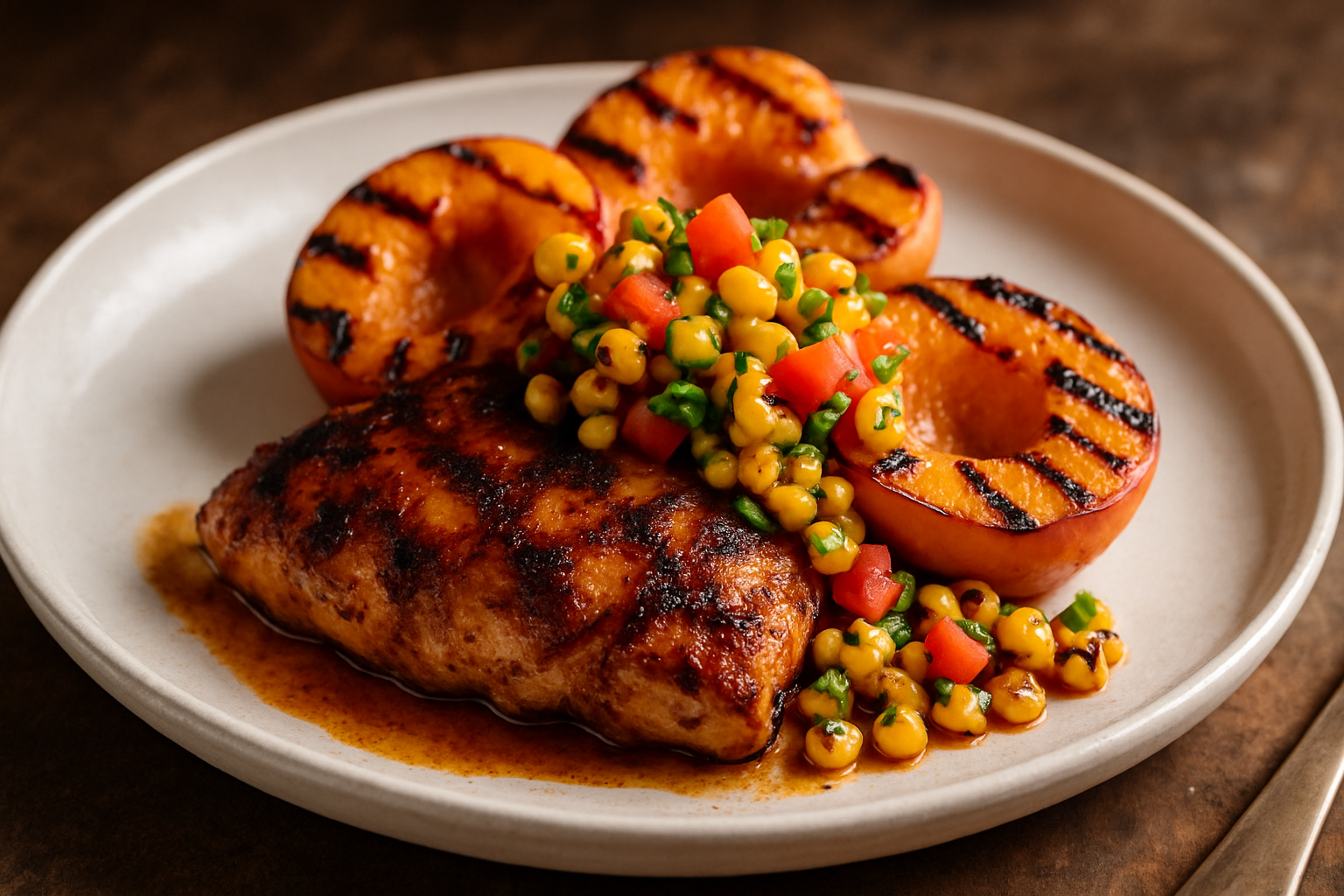 Grilled Peach and Bourbon Chicken with Charred Corn Salsa