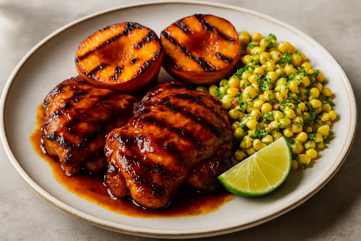 Grilled Peach and Bourbon-Glazed Chicken Thighs with Charred Corn Salad