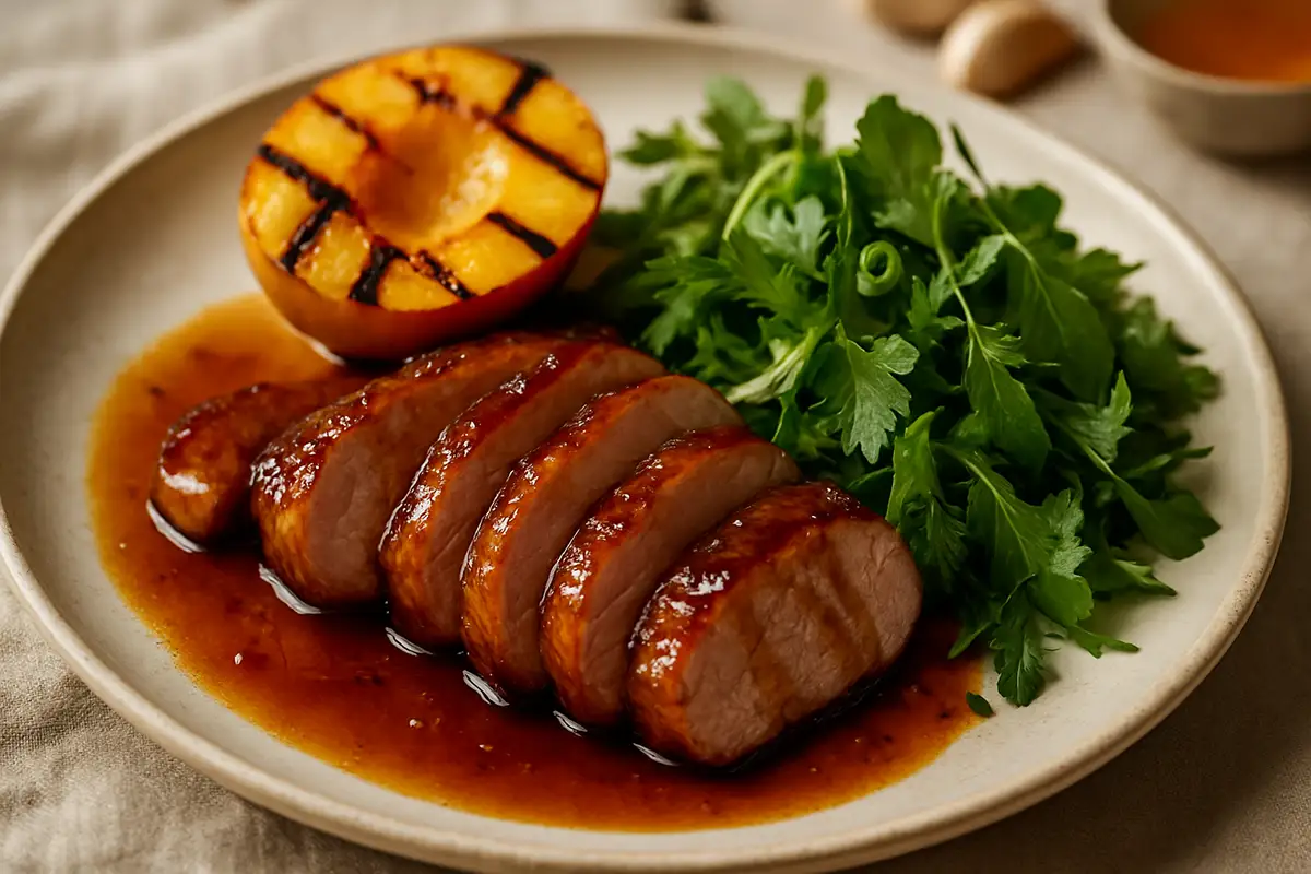 Grilled Peach and Bourbon-Glazed Pork Tenderloin with Summer Herb Salad