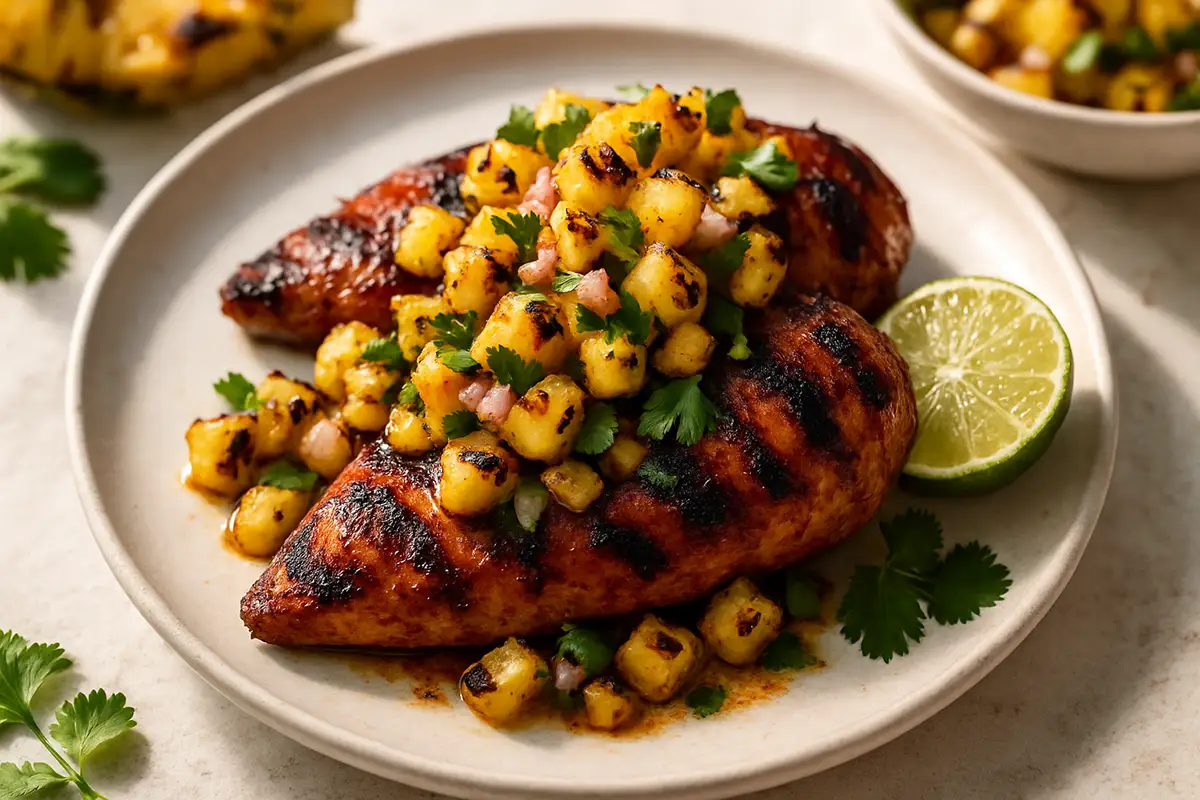 Grilled Spiced Bourbon Chicken with Charred Pineapple Salsa
