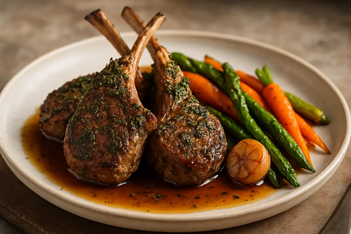 Herb-Crusted Lamb Chops with Bourbon-Glazed Spring Vegetables