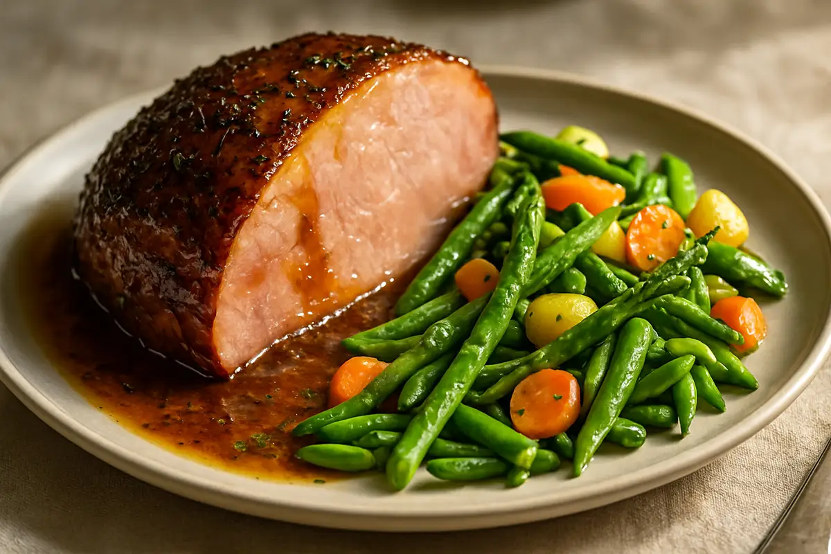 Herb-Infused Bourbon-Maple Glazed Ham with Spring Vegetable Medley